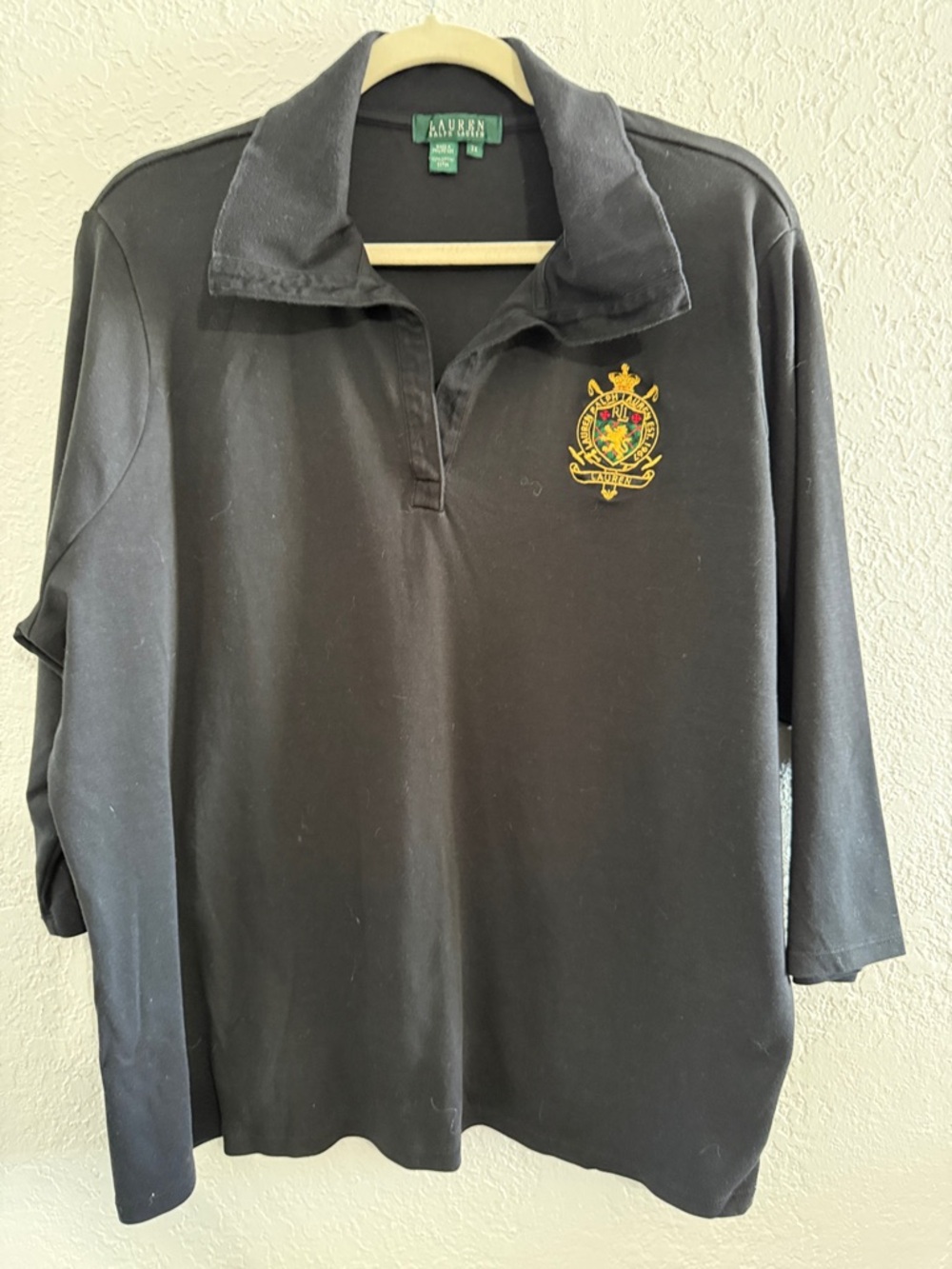 Ralph Lauren Dark Black Jersey3X Preowned 3/4 Sleeve Rugby Polo with Gold Crest